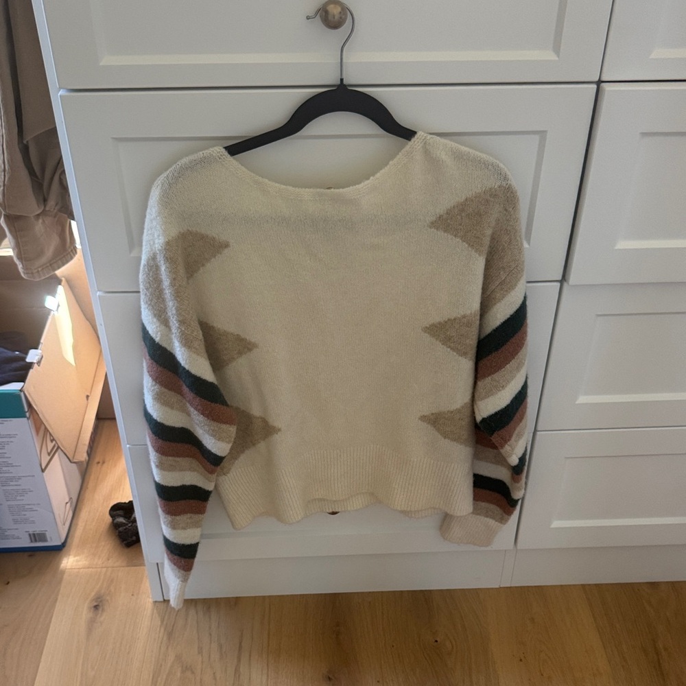 Madewell Cream Crewneck Sweater with Multicolor Striped Sleeves